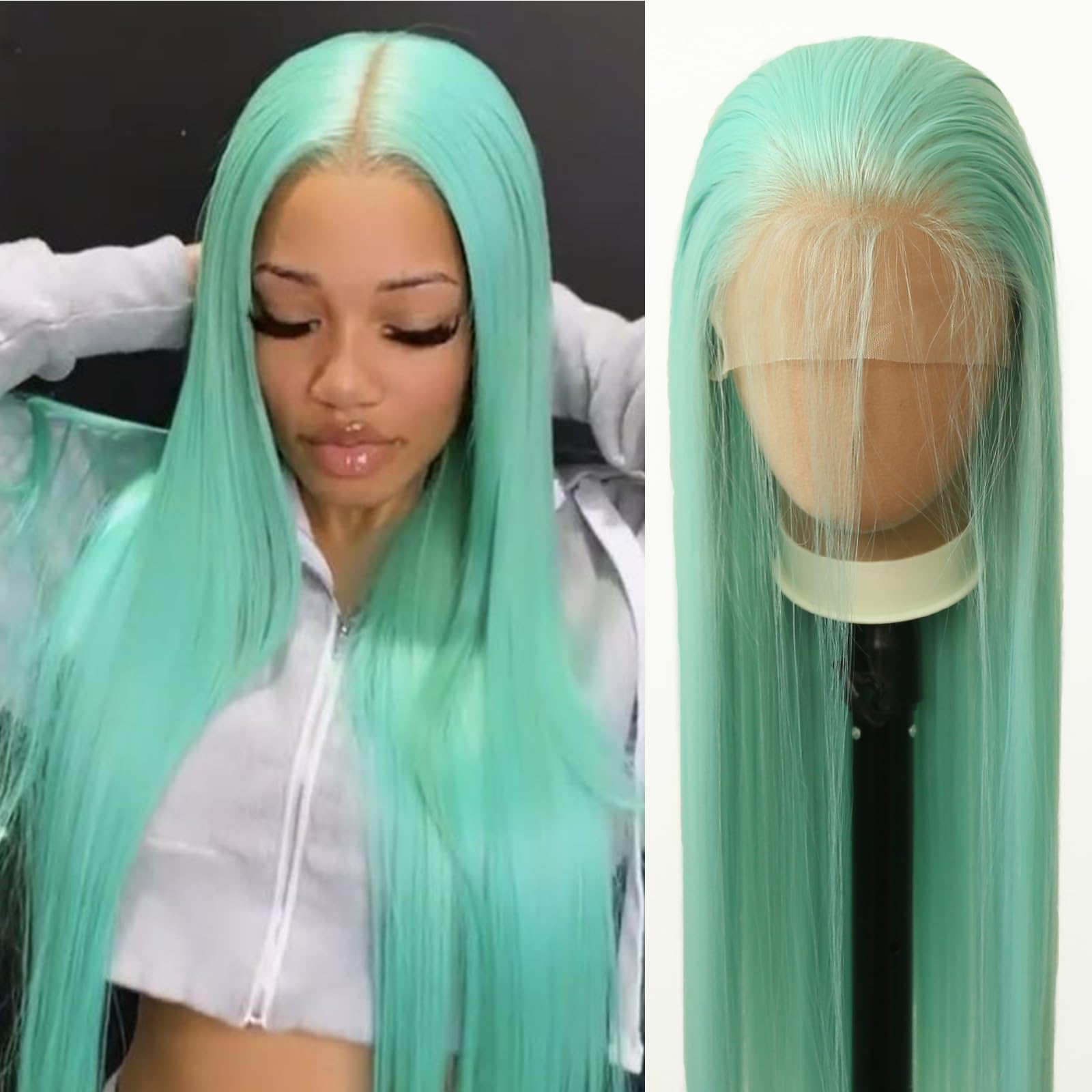 Towarm Mint Green Wig Long Straight Mint Synthetic Lace Front Wigs Pre Plucked Natural Hairline with Baby Hair for Black Women Heat Resistant Fiber Hair Cosplay Daily Wear Wig (Mint Green) — image 1