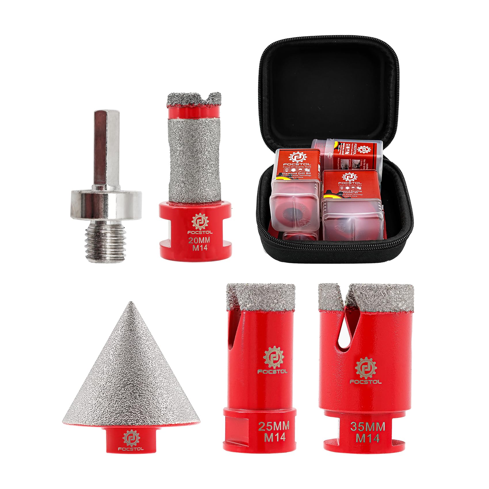 FOCSTOL Diamond Core Drill Bit Set - 5pcs (25/35mm+20mm Drilling Milling Bit+50mm Beveling Chamfer Bit+HEX) Diamond Hole Saw Kit for Porcelain Ceramic Tile Marble Granite