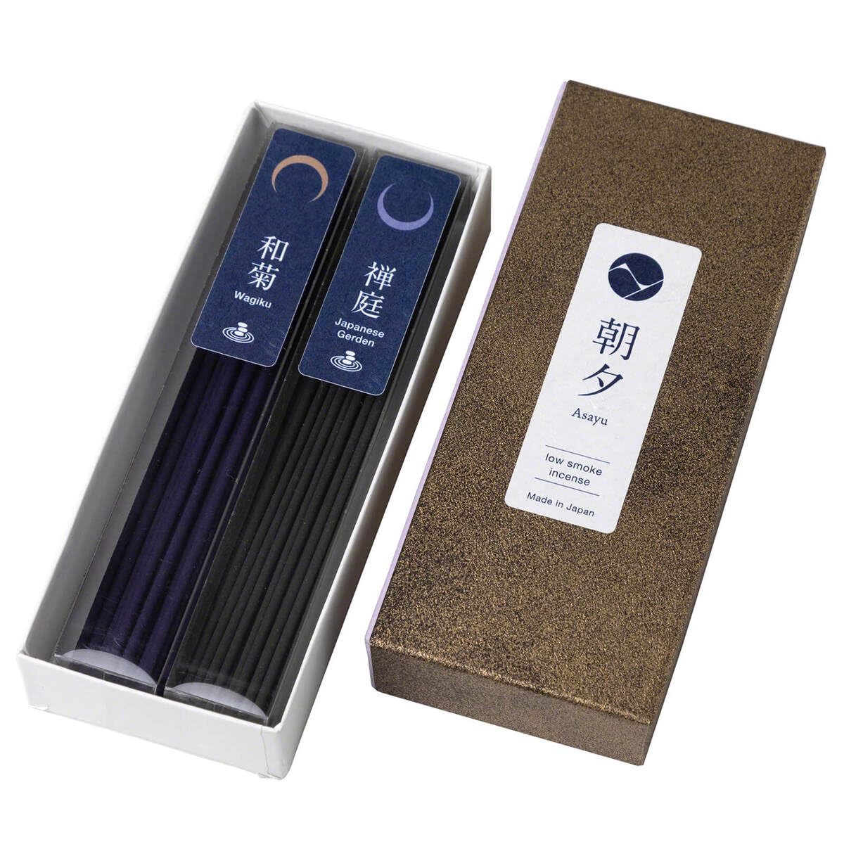 Asayu Japan Low Smoke Incense Sticks Set – Japanese Zen Garden & Wagiku Chrysanthemum Zen Scent, Made in Japan, ca. 80 Sticks (20g ×2), Natural Multipack for Meditation & Relaxation