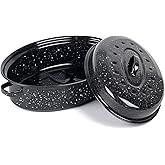 14.6 Inch Roasting Pan with Lid - Covered Oval Roaster - Enamel Carbon Steel Roaster Pot - Excellent Heat Distribution and Non-sticky - for Turkey Chicken Meat & Vegetables -Birthday and Holiday gift