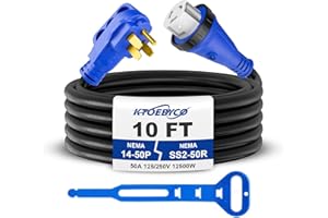 KTOEBYCO 50 Amp 10FT RV Extension Cord, ETL Listed Heavy Duty Copper NEMA 14-50P to SS2-50R Power Cord with Twist Lock and Polarity Indicator