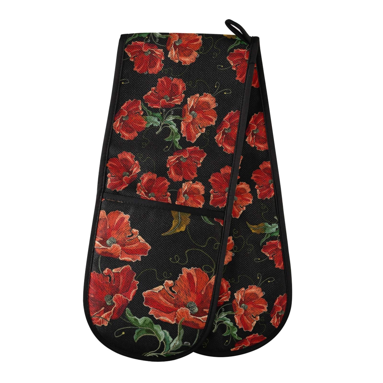 Moyyo Oven Glove Beautiful Red Poppies Flowers Double Oven Glove Heat Resistant Kitchen Oven Mitt with Soft Quilted Cotton Lining Filling Pot Holders for Basking Cooking Pizza Microwave