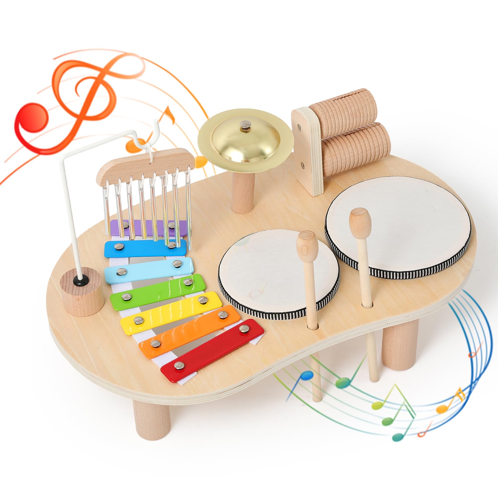Promise Babe Wooden Drum Set for Toddlers 1-3, Musical Percussion Instruments for Kids Baby Drum Set Xylophone, Montessori Educational Musical Toys, Gifts for Girls Boys Ages 3+