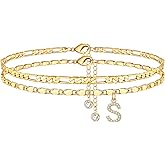 Ursteel Ankle Bracelets for Women, 14K-Gold-Plated Dainty Layered Chain CZ Initial Anklets Set Summer Jewelry Gifts for Women