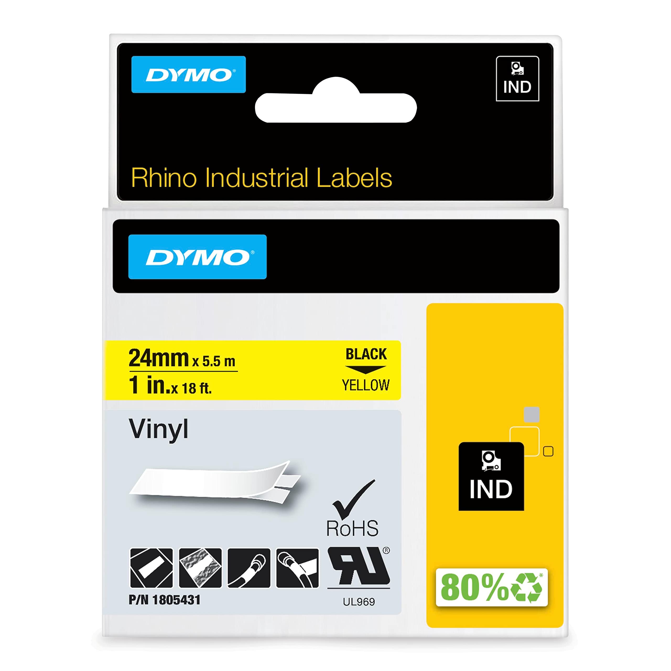 DYMO Rhino Industrial Vinyl Labels | 24 mm x 5.5 m | Black Print on Yellow | Self-Adhesive | for DYMO LabelManager & Rhino Label Makers