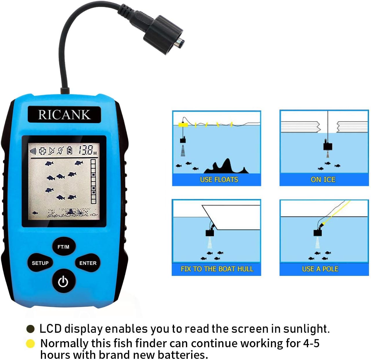 RICANK Portable Fish Finder with Hard Travel Case, Contour Readout Handheld Fishfinder Depth with Sonar Sensor Transducer and LCD Display Sensitivity Options Fish Depth Finder with Fishfinders Case: GPS & Navigation