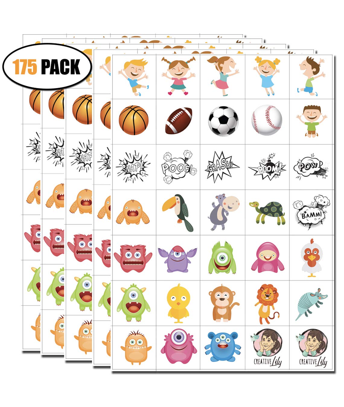 Temporary Tattoos for Kids – 175 Count on 5 Sheets – 35 Assorted Artworks per Sheet – Kids Friendly Tattoos for Party Favors Birthday Supplies Stocking Stuffers Goodie Bags for Boys & Girls