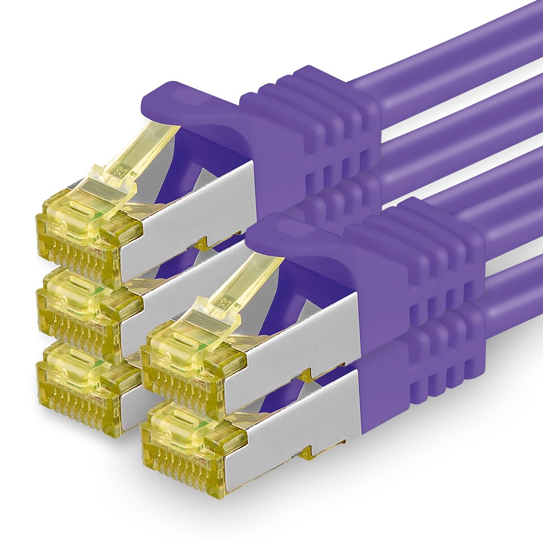 Cat.7 Patch Cable Set, S/FTP (PiMF) Ethernet LAN Network Cables, 10 Gigabits/10000 Mbps – High Speed – 600 MHz with Locking Protection, Halogen-Free (LSZH) Violet - 5 pièces 1m