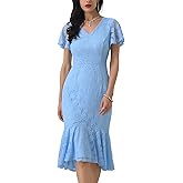 WOMLAYOUT Womens' Lace Floral Dresses Fishtail Formal Cocktail Short Sleeve Midi Dress