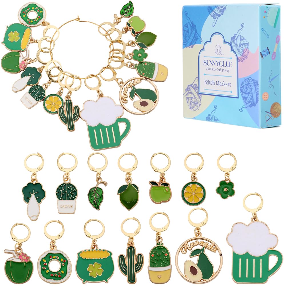 SUNNYCLUE 1 Box 14Pcs Stitch Marker Cute Crochet Markers Bulk Green Cactus Enamel Charms Small Locking Metal Plant Knit Stitch Markers for Crocheting Knitting Sewing Weaving Quilting jewellery Making
