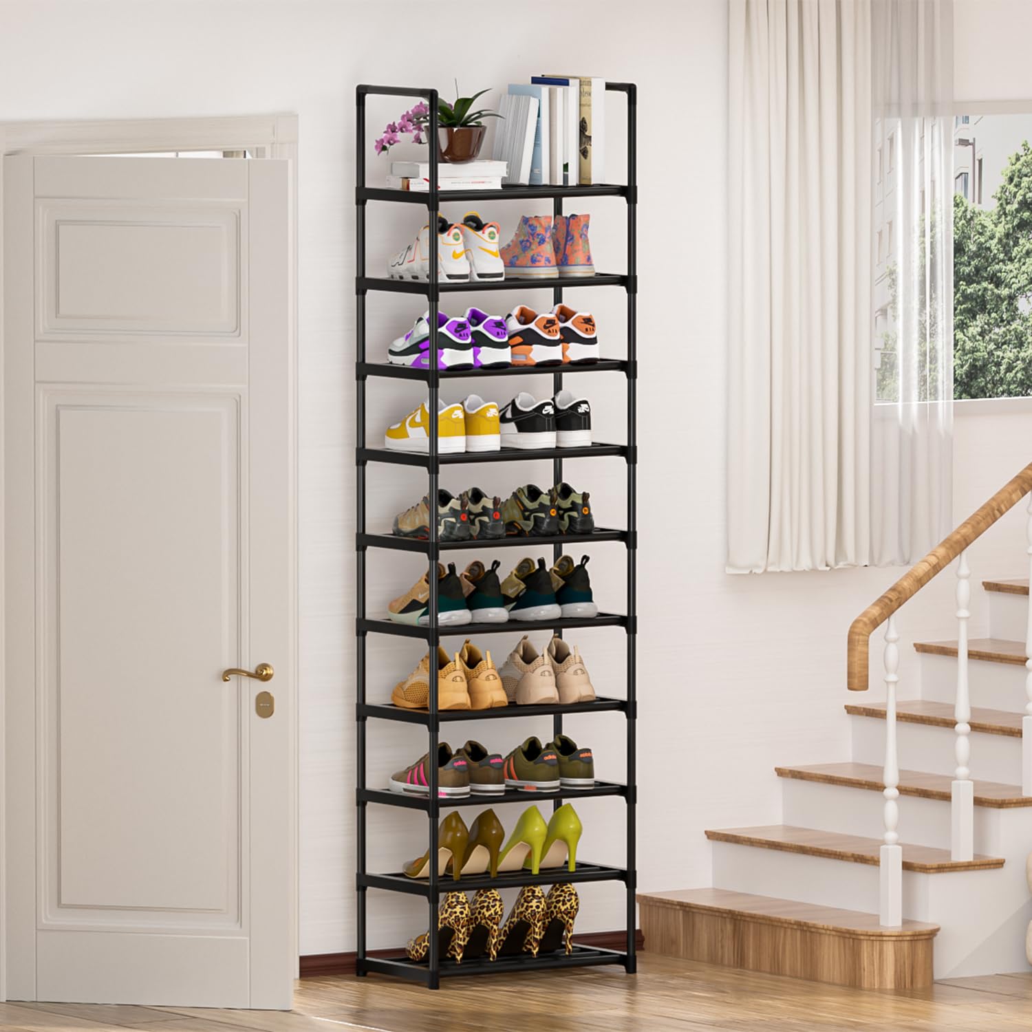 OYREL Tall Shoe Rack for Narrow Space,10 Tier Stackable Shoe Storage Organiser Large Capacity 20-25 Pairs,Premium Metal Frame Shoe Stand,Detachable Shoe Shelf for Hallway,Dressing Room,Bedroom,Closet