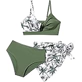 Bkixhv Girls Swimsuit Bathing Suits Twist Cross Tropical Floral Bikini Sets Teen Girls' Swimwear 3Pcs with Cover Up 7-14T