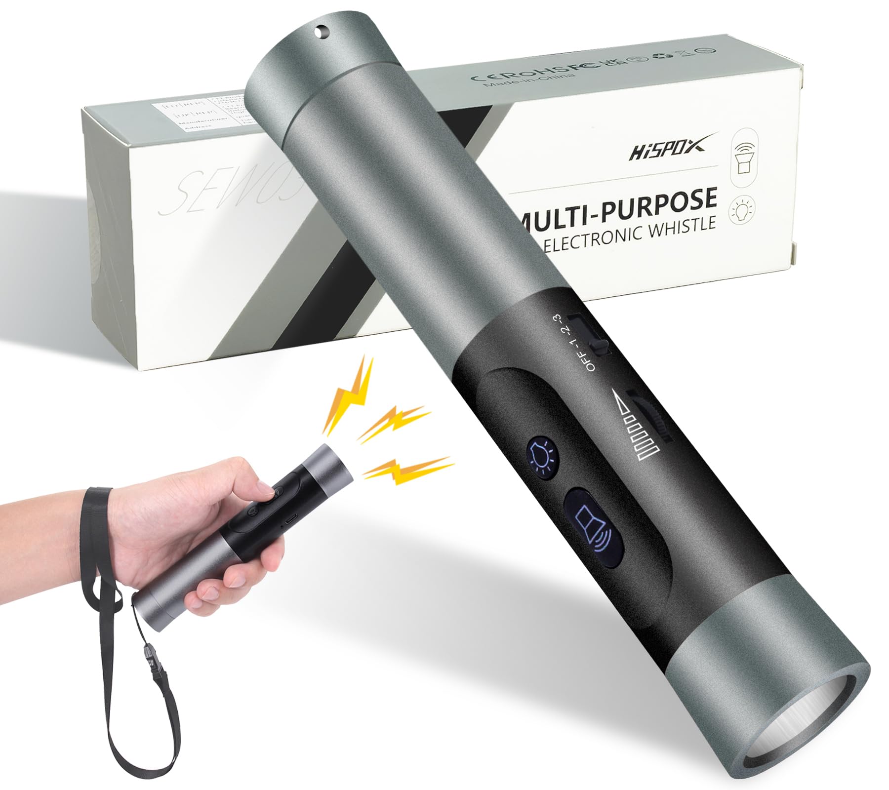 HISPOX Electronic Whistle with Flashlight, Adjustable Volume Level, Rechargeable Whistle 3 Tones High Volume Sport Whistle for Coaches Referees Teacher Training Outdoor Camping