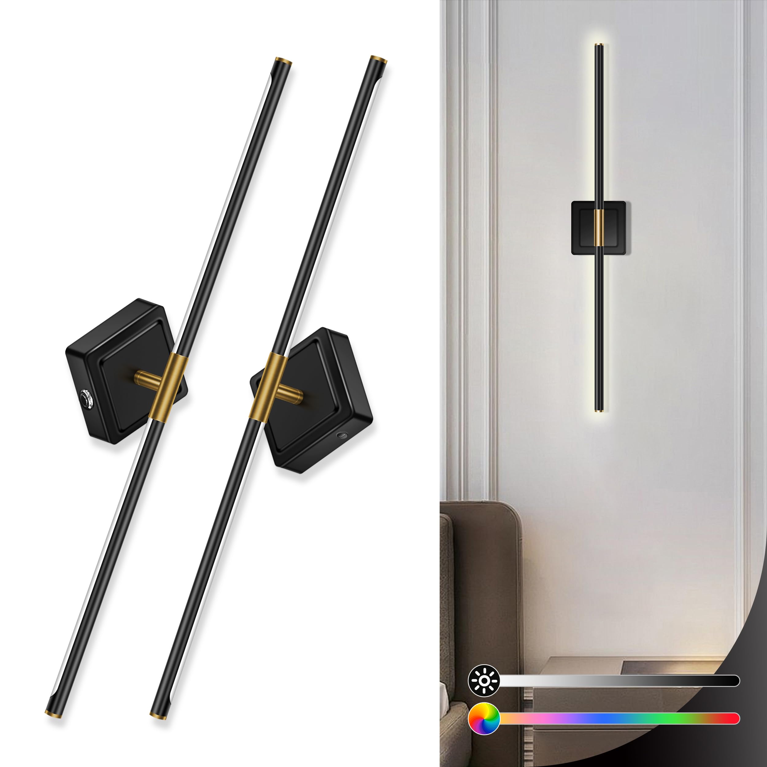 Battery Operated Wall Sconces Set of 2, 360° Rotate Wireless Wall Light with 12-Color Led Remote, 10000 mAh USB Rechargeable Wall Lamp, Brightness Adjustable Decor Lights for Living Room, Game Room