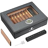 XIFEI Cigar Humidor, Glass Top Carbon Fiber Texture with Digital Hygrometer, Including Cigar humidifier, Divider, Cedar Wood Humidor Box, Holds 25-35 Cigars (9IN*7.5 * 2.8)