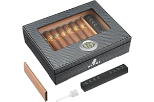 XIFEI Cigar Humidor, Glass Top Carbon Fiber Texture with Digital Hygrometer, Including Cigar humidifier, Divider, Cedar Wood Humidor Box, Holds 25-35 Cigars (9IN*7.5 * 2.8)