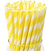 PakTalk 100 Pack Disposable Paper Straws - Biodegradable Yellow Drinking Straws for Cocktails, Lemonade, Daily Use and Holiday Party (0.24" x 7.75")