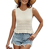 VIMPUNEC Womens Crochet Crop Tank Tops Sleeveless Knit Sweater Vest Ruffle Hem Summer Top