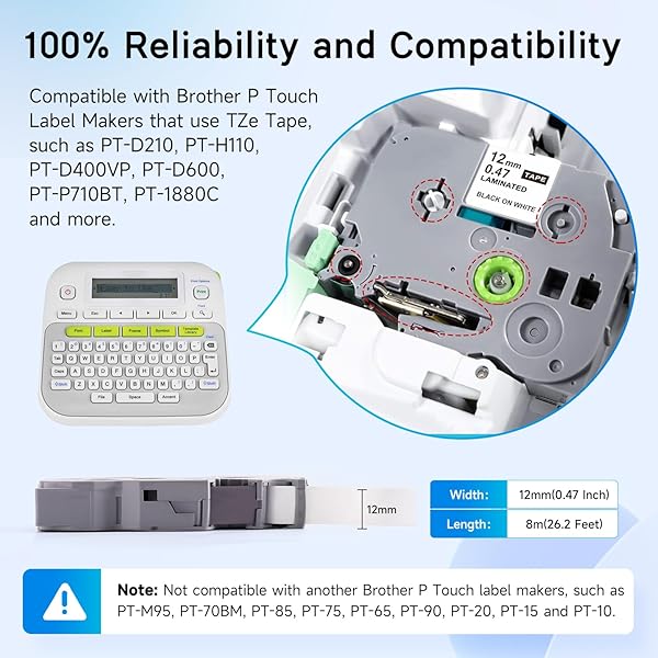 LABEL MAKER TAPE COMPATIBLE WITH BROTHER P TOUCH PT-D210 PT-H110 PT-D400 PT-D600 PT-P700 TZE-231 TZE 12MM 0.47″ LAMINATED LABEL TAPE BLACK ON WHITE 8M 26.2FT TAPE FOR BROTHER LABEL MAKER – 10 PACKS
