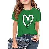 APWEQATA Girls Summer Tshirts Short Sleeve Heart Graphic Print Tees Kids Casual Crewneck Basic Tee 5-14 Years (Green,Xin,160)