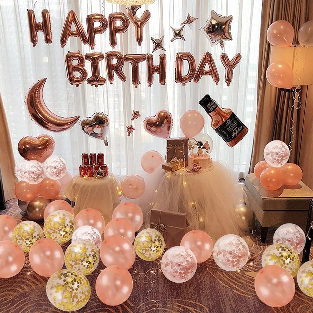 Kalyerparty Rose Gold Happy Birthday Balloons, 50 Pack Rose Gold Confetti Balloons with Happy Birthday Foil Balloons for Birthday Wedding Bridal Engagement Party Decorations: Toys & Games