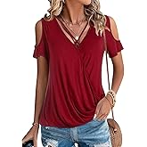 LEIYEE Womens Summer Cold Shoulder Tops Sexy Casual Short Sleeve Wrap V Neck T Shirts Cute Loose Fit Blouse