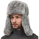 Valpeak Mens Fur Hat Rabbit Fur Russian Ushanka Hats Earflap Trapper Hat for Winter