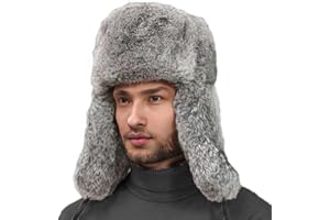 Valpeak Mens Fur Hat Rabbit Fur Russian Ushanka Hats Earflap Trapper Hat for Winter