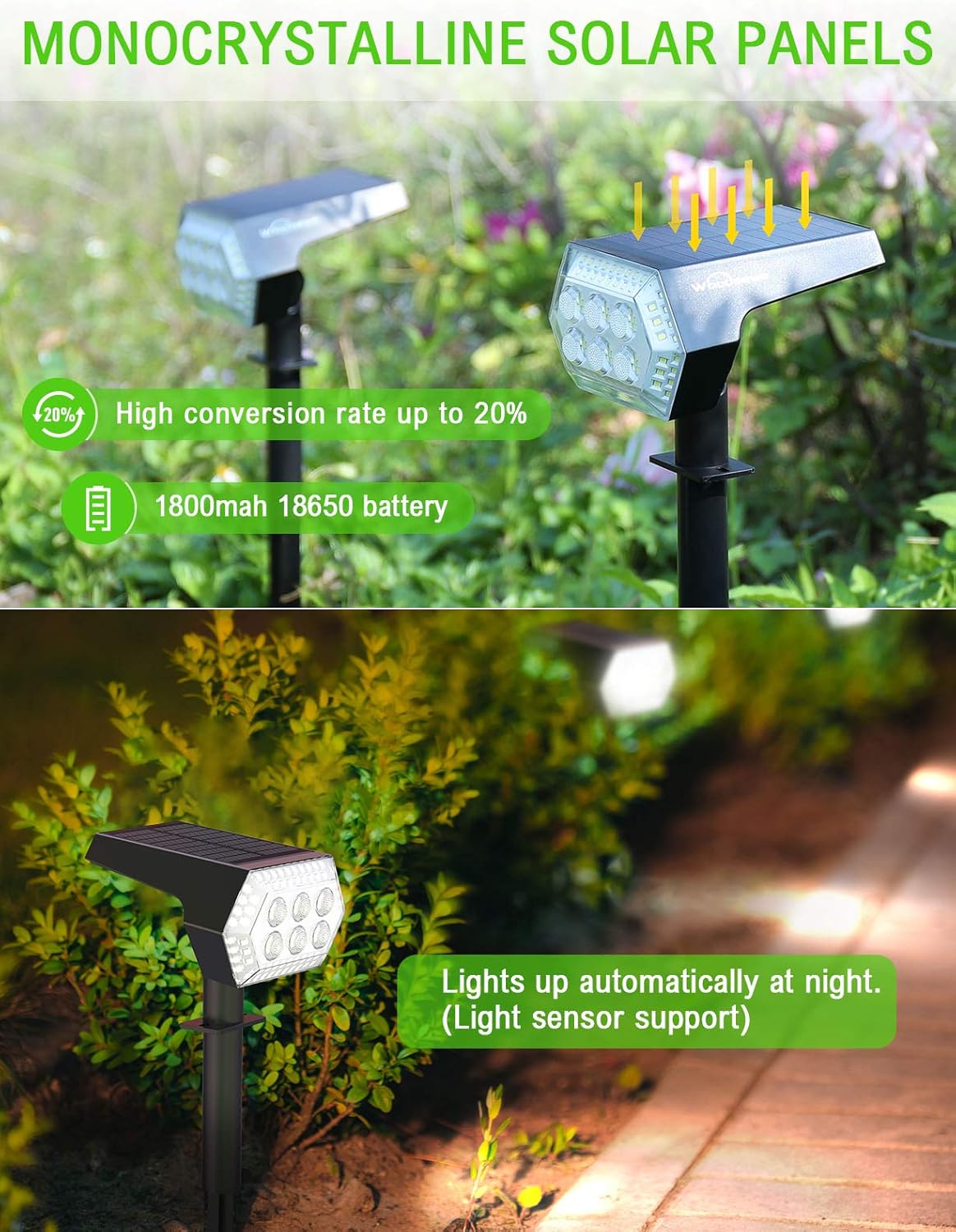 Solar Landscape Spotlights, Whousewe 108 LEDs Solar Spot Lights Outdoor with 4 Bright Modes, Wall & Ground Mounted, IP65 Waterproof, Cold White, 2 Pack - - 