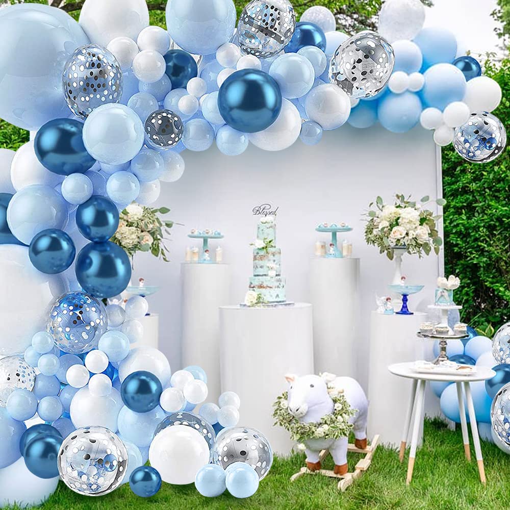 Blue Balloon Garland Arch Kit, 135 Pcs Blue White Balloons arch kit with Silver Confetti Balloon for Birthday Anniversary Festival Party Decorations