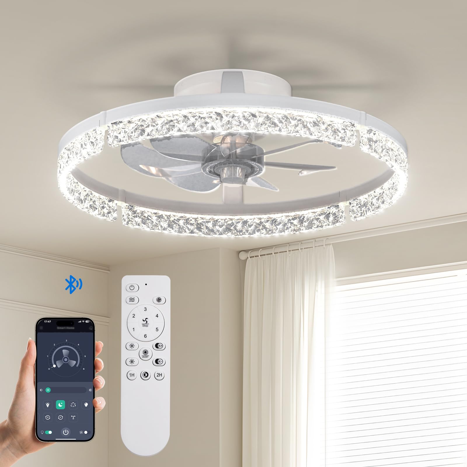 Photo 1 of Passky 20” Low Profile Ceiling Fan with Lights and Remote, Dimmable LED Flush Mount Fandelier, 6 Speeds, 3000K–6000K, White Modern Ceiling Fan for Bedroom, Kitchen, Living Room