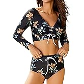 FEOYA Two Piece Bathing Suit for Women Long Sleeve Crop Top with Swim Bottom Lace Up Rash Guard Swimsuit S-XL