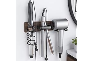 Tindbea Hair Dryer Holder Curling Iron Holder Flat Iron, Blow Dryer Holder Wall Mount, 3 in 1 Bathroom Hair Tool Organizer Rack for Universal Dryer, Walnut Matte Black