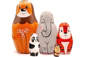 AEVVV Exotic Animals Nesting Dolls Set of 5 pcs - Matryoshka Dolls as Wild Animals Figures - Wooden Stacking Animals - Zoo Animals Toys - Wild Animals Decor