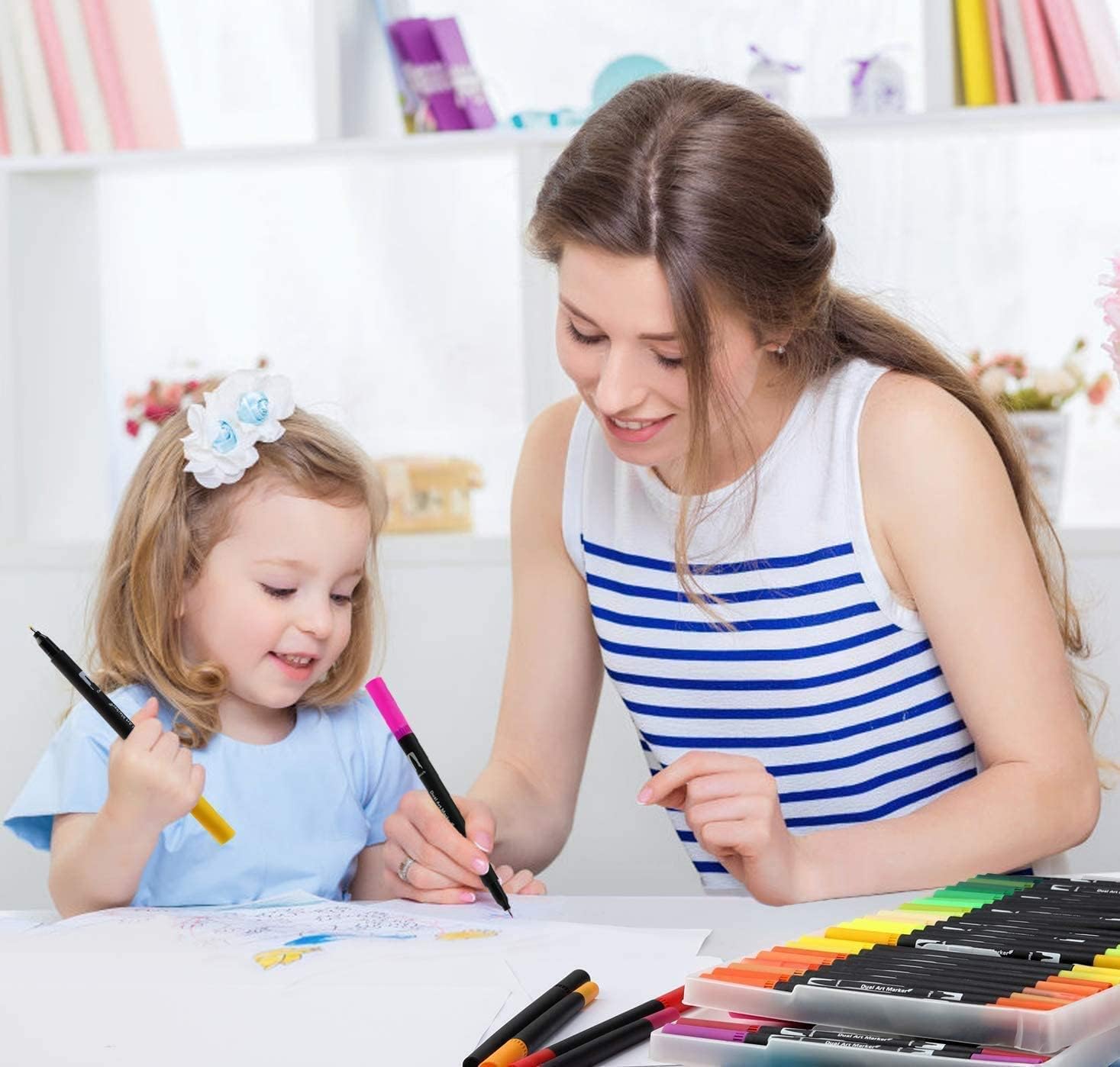 Dual Brush Pen Set, 24 Farben, Pinselstifte, Filzstifte für Kinder Bullet Journal Handlettering Aquarell Mandala Kalligraphie Manga Erwachsene Doppelfasermaler Fasermaler[1-2 mm] und Fineliner[0,4 mm] 8