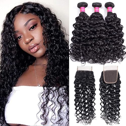 Alibeauty Brazilian Water Wave Bundles with Closure 10A Unprocessed Virgin Human Hair Weave 3 Bundles with Closure Natural Black Remy Hair Extensions (10 12 14+8inch)