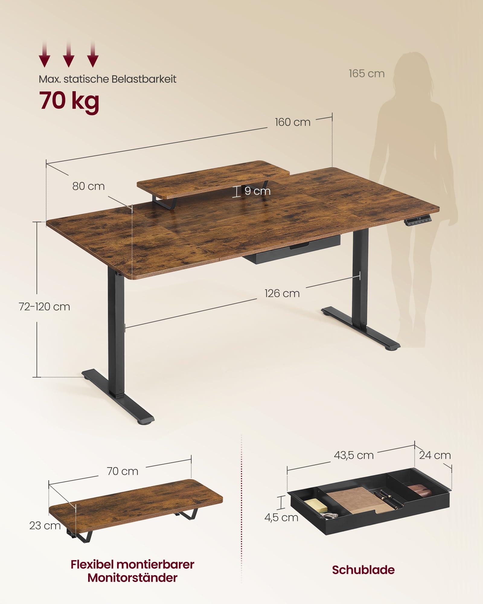 VASAGLE Höhenverstellbarer Schreibtisch, 160 x 80 cm, flexibel montierbarer Monitorständer, Schublade, USB-C-Anschluss, Erinnerung bei langem Sitzen, für Büro, vintagebraun LSD156KD01 3
