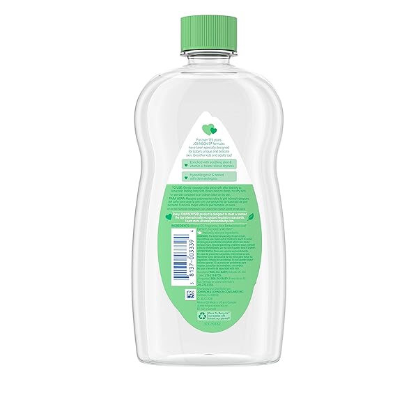 JOHNSON’S BABY OIL, MINERAL OIL ENRICHED WITH ALOE VERA AND VITAMIN E, 20 FL. OZ