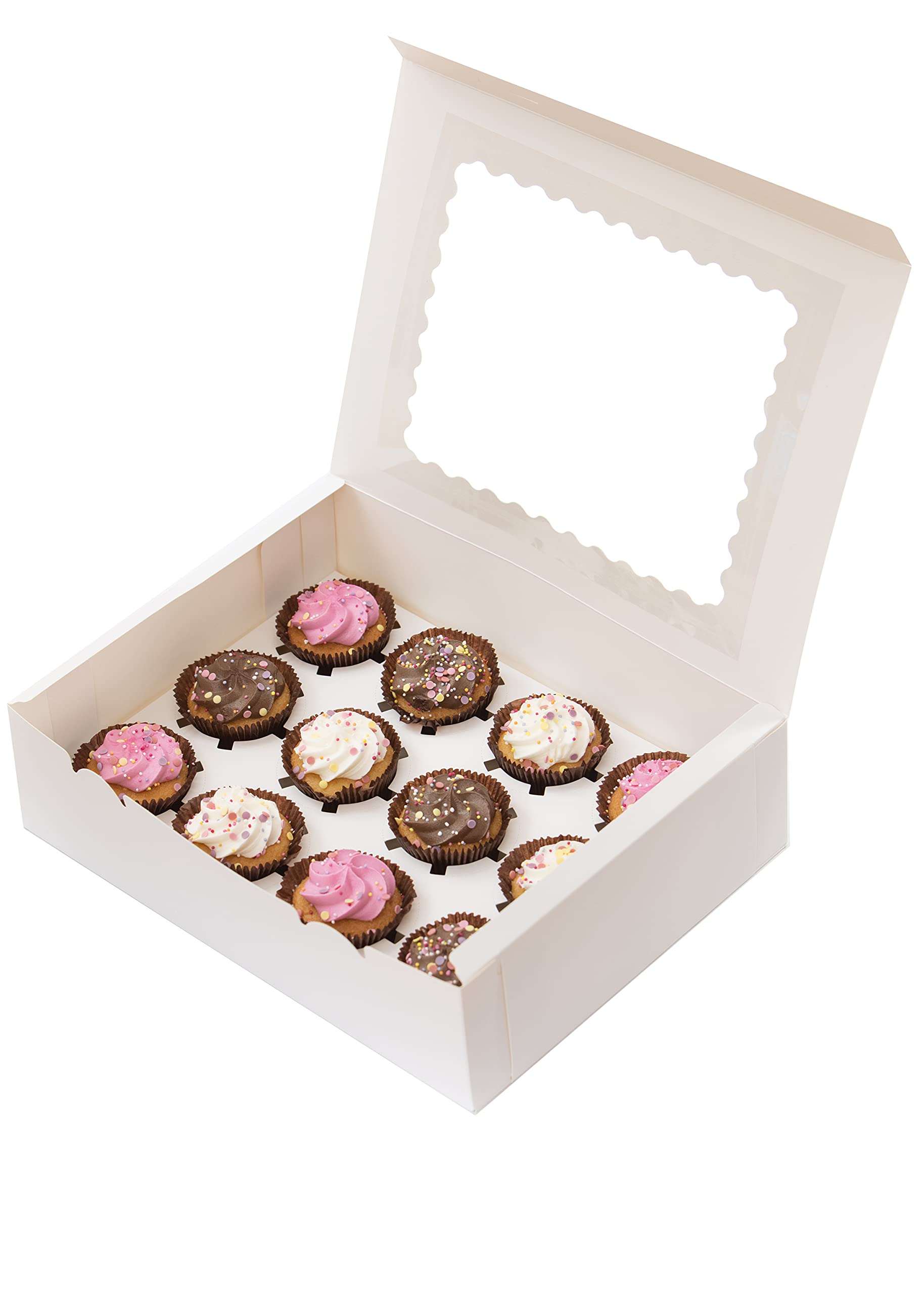 HomeBerg 10 x White Cupcake Boxes 12 Hole - White Kraft Cupcake Box - Easy Erect Design with Display Window and Cavity Inserts - Cupcake Carrier and Storage for Cupcakes Muffin (White 12 Holes, 10)