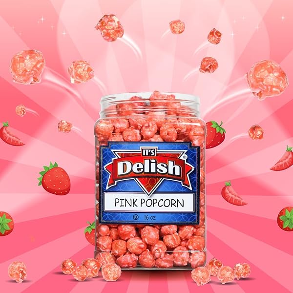 GOURMET PINK STRAWBERRY COLORED POPCORN BY IT’S DELISH, 16 OZ JUMBO CONTAINER | BULK COLORFUL POPCORN SNACK – FRUITY FLAVORED AIR POPPED CORN FUN CONFETTI – GLUTEN FREE, VEGAN, KOSHER, 1 COUNT