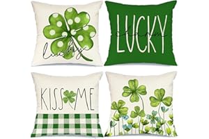 AACORS St Patricks Day Throw Pillow Cover 18X18 Set of 4 Clover Lucky Charm Kiss Me Flowers Decorations Farmhouse Spring Green Cushion Case Home Holiday Decor for Sofa Couch AA123-18