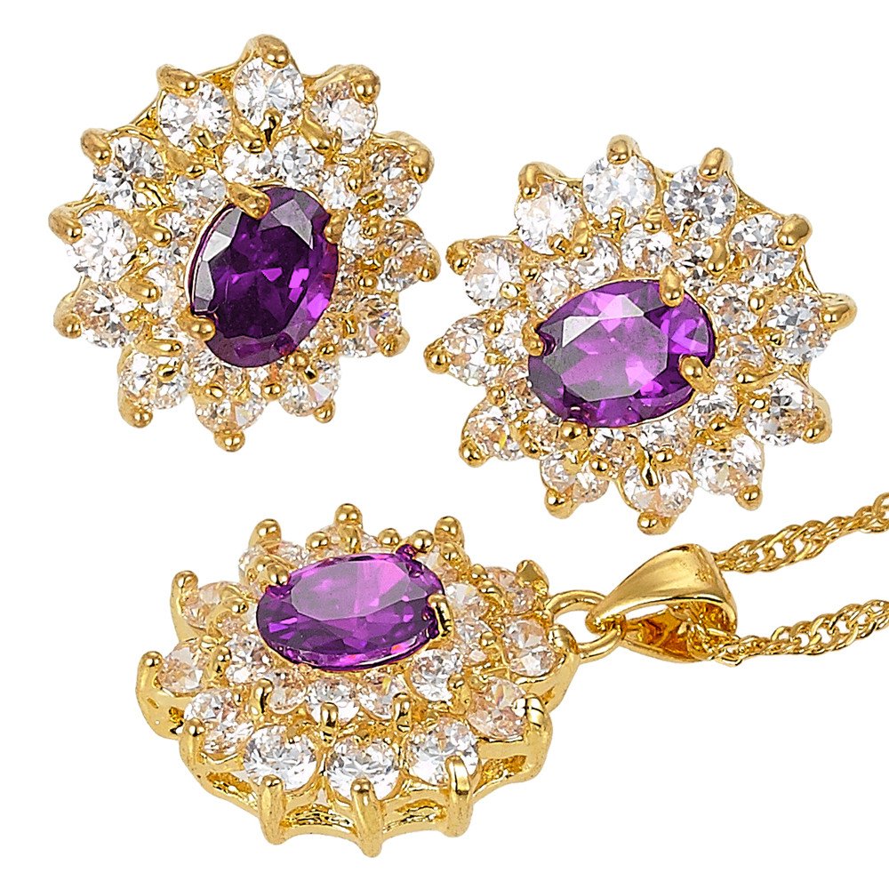 RIZILIA Blossom Jewellery Set Pendant with 45cm(18") Chain & Stud Earrings Oval Cut Gemstones CZ [Purple Amethyst] in 18K Yellow Gold Plated, Simple Modern Elegance