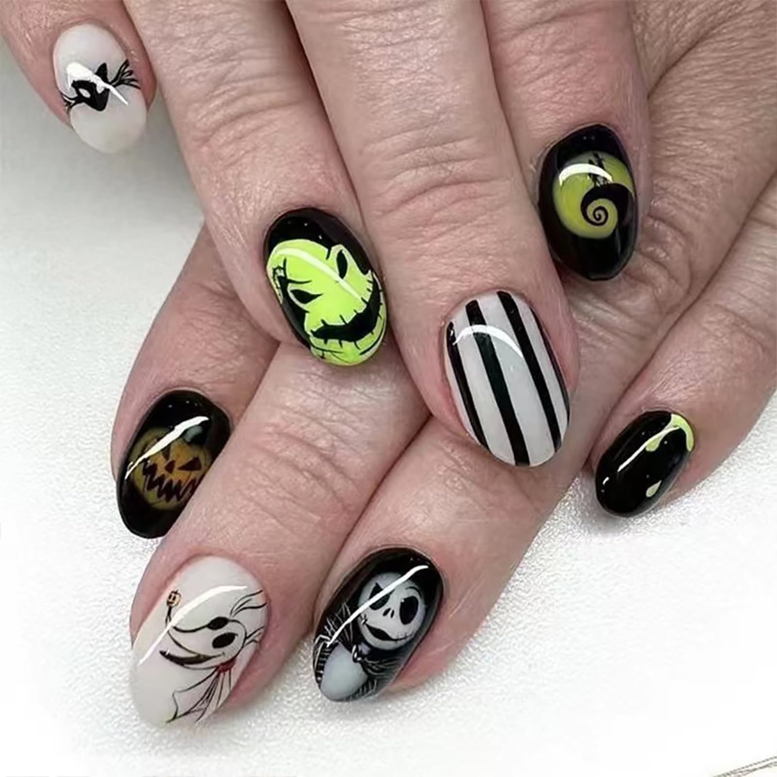 Photo 1 of Halloween Press on Nails Short Almond SWEKKE Nightmare Nails Christmas Nails Fake Nails False Nails with Designs Pumpkin Skeleton Glossy Glue on Nails Stick on Nails for Women Girls 24 Pcs