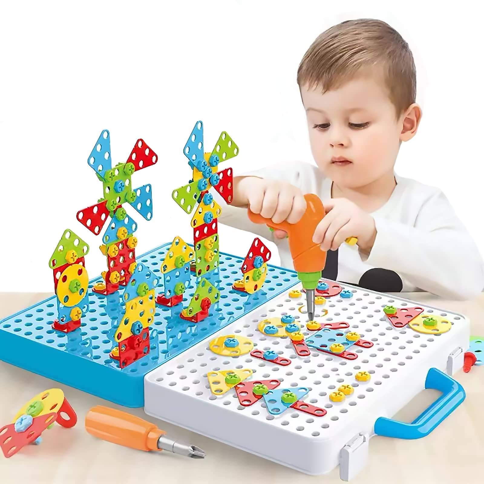 Ark miido Drill Pegboard Toy, 2pcs Montessori Educational Creative Toy with Drill Tool Box, 3D Puzzle DIY Tools Game for Children 3+ Years