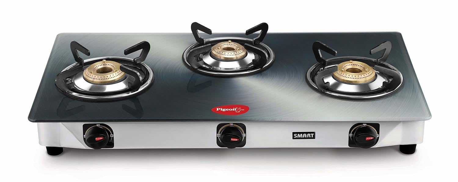 Buy Pigeon Metallic Silver 3 Burner Glass Top Gas Stove Online at Low