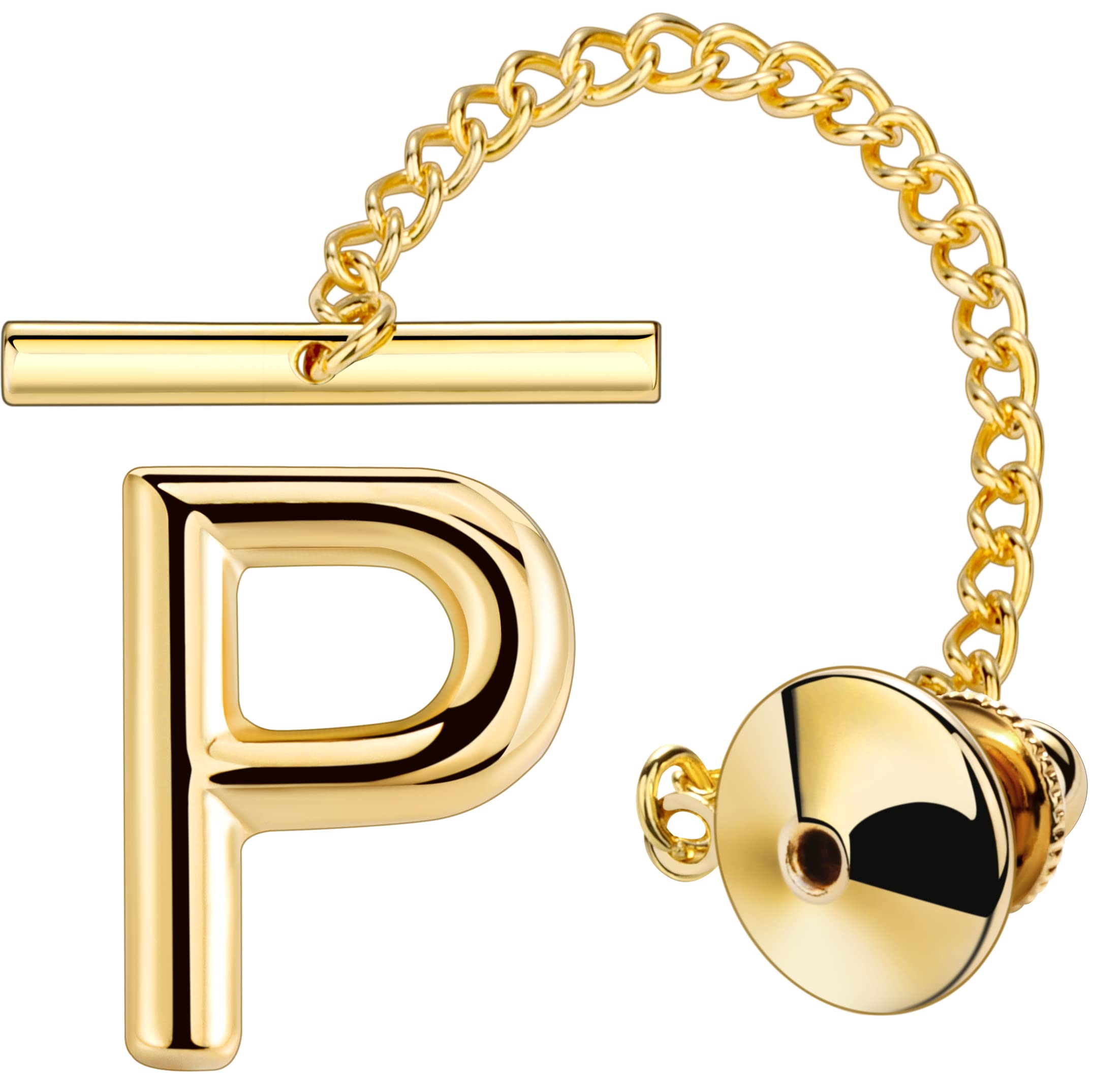 AMITER Men Tie Tack Initial Gold/Silver Tie Pin with Chain Clips for Necktie, Bow Tie & Hat, Brass, letter