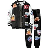 Ltvoo Boys 2 Pieces Sweatsuit Outfits Letter Graphic Bomber Varsity Jacket and Jogger Sweatpants Tracksuit Set for Boy 7-14Y