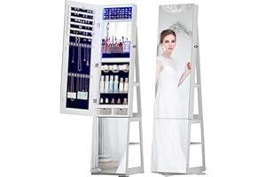 Dystler 360 Swivel Jewelry Cabinet with Full-Length Mirror, Standing Mirror with Jewelry Storage Organizer & 4-Tier Shelves, White