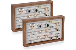 Elsjoy 2 Pack Wooden Ring Organizer Tray, 7 Slots Ring Showcase Holder Display Case, Velvet Jewelry Tray for Rings & Earrings