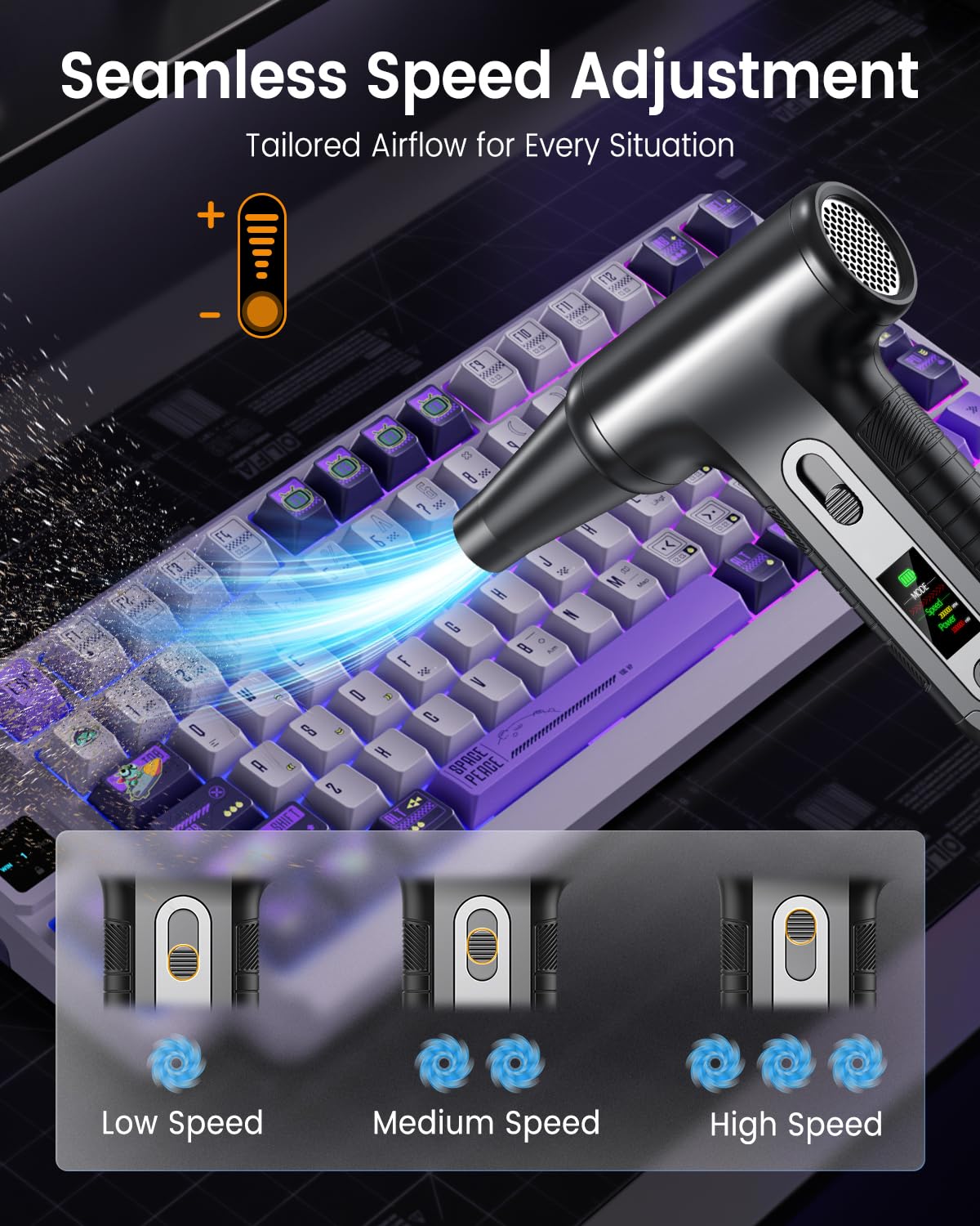 Elektrische Staubgebläse 200000 RPM mit HD‑Display - Air Duster Mini‑Gebläse für PC‑Reinigung mit LED‑Licht, Druckluftspray für Tastatur, Elektronik, Air Blower, W06, Schwarz 4